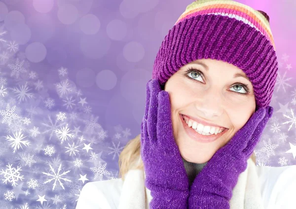 Donna in abiti invernali e modelli di Natale fiocco di neve — Foto Stock