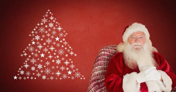 Santa sedět a vločkové vánoční strom vzor tvaru — Stock fotografie
