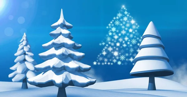 Flocon de neige forme d'arbre de Noël avec paysage de neige — Photo