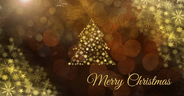Feliz texto de Natal e dourado floco de neve árvore de Natal forma padrão — Fotografia de Stock