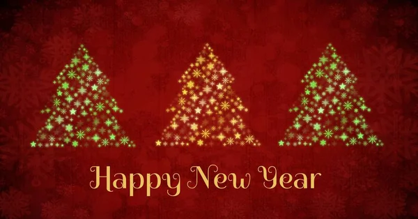 Felice anno nuovo testo e fiocco di neve forme dell'albero di Natale — Foto Stock
