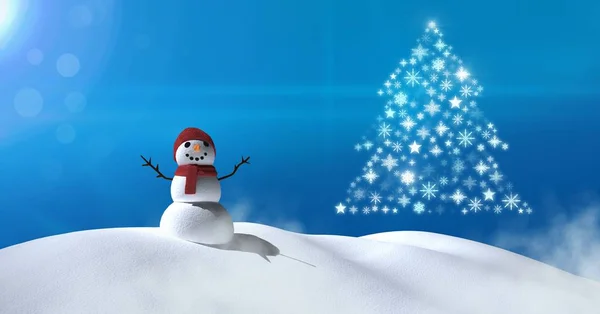 Schneeflocke Weihnachtsbaumform mit Schneelandschaft und Schneemann — Stockfoto