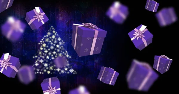 Flutuante caixas de presente e floco de neve árvore de Natal forma padrão — Fotografia de Stock