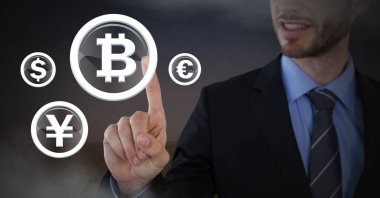 Bitcoin grafik simge dokunmadan işadamı 