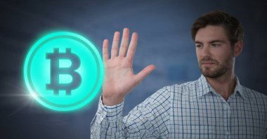 Bitcoin grafik simge dokunmadan işadamı