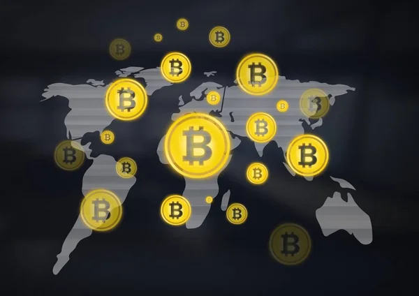 Ícones gráficos bitcoin no mapa do mundo — Fotografia de Stock