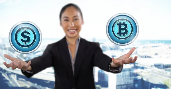 Ícones de dólar e bitcoin e mulher de negócios — Fotografia de Stock