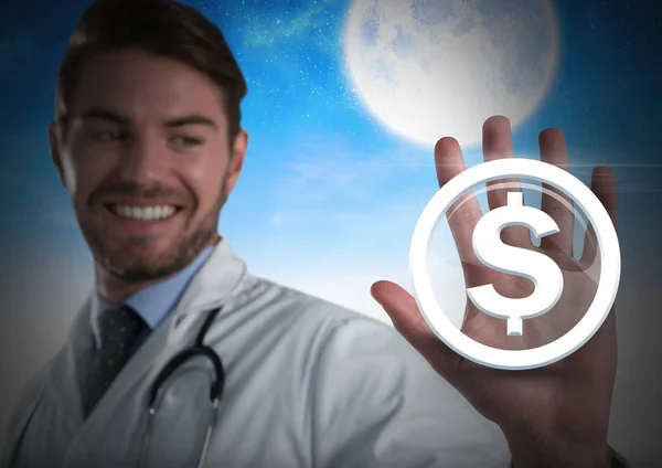 Ο γιατρός άνθρωπος αγγίζει το δολάριο χρήματα στο εικονίδιο της παλέτας — Φωτογραφία Αρχείου
