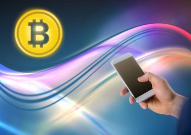 Bitcoin simgesi ve telefon elinde
