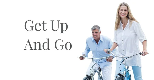 Get Up and Go testo con coppia su biciclette — Foto Stock