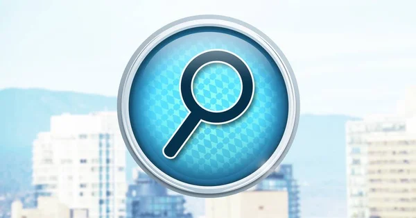 Magnifying glass search icon in city — Stock Photo, Image