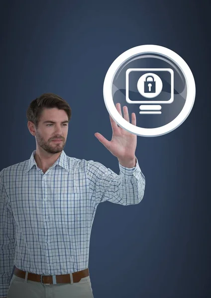 Zakenman aanraken security lock-pictogram met computer — Stockfoto