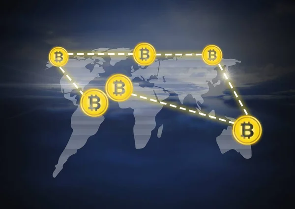 Bitcoin pictogrammen aansluiten op de wereld kaart netwerk — Stockfoto