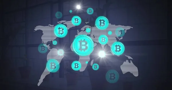 Bitcoin grafische pictogrammen op wereldkaart — Stockfoto