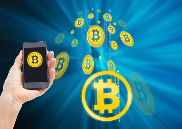 Bitcoin pictogrammen en hand met telefoon — Stockfoto