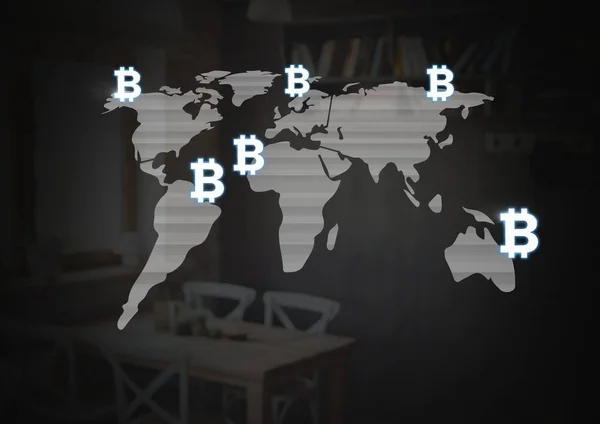 Bitcoin pictogrammen op wereldkaart — Stockfoto