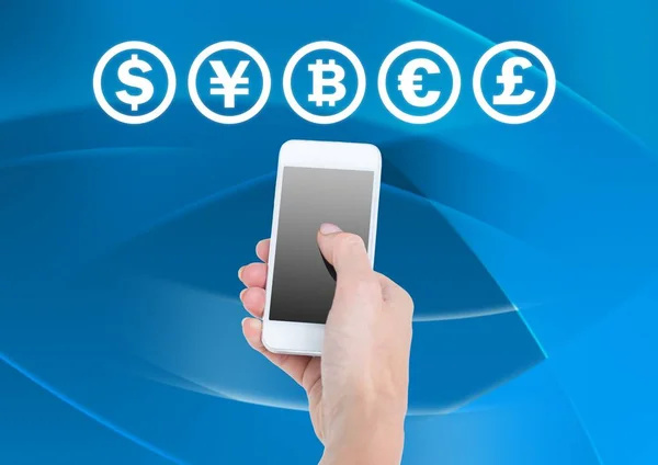 Currency icons and hand holding phone — Stock Photo, Image