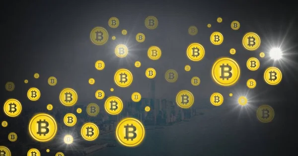 Bitcoin pictogrammen mousserende en vervagen — Stockfoto