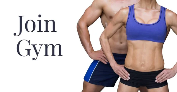 Join gym text and fitness couple — Stock Photo, Image