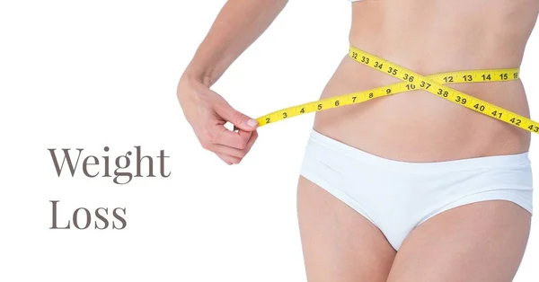 Perdita di peso testo e donna misurazione vita — Foto Stock