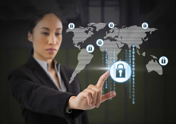 Businesswoman touching security lock icons — Stock Photo, Image