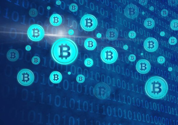 bitcoin graphic icons and binary code