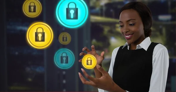Businesswoman with hands palm open and security lock icons — Stock Photo, Image
