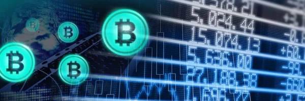 Bitcoin pictogrammen en economische financiële markt grafieken — Stockfoto