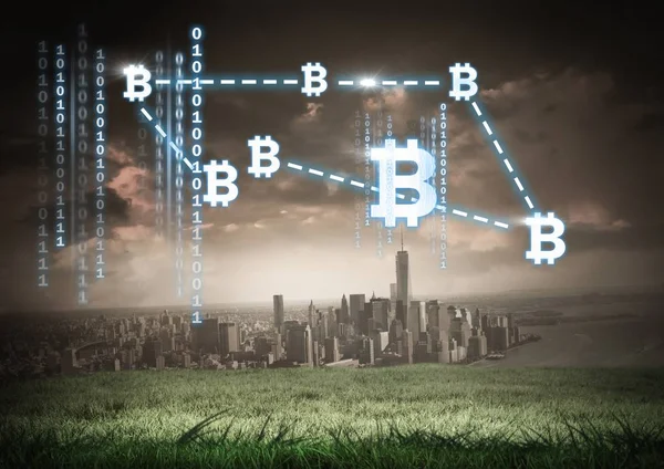 Bitcoin grafische pictogrammen met elkaar verbinden via stad — Stockfoto