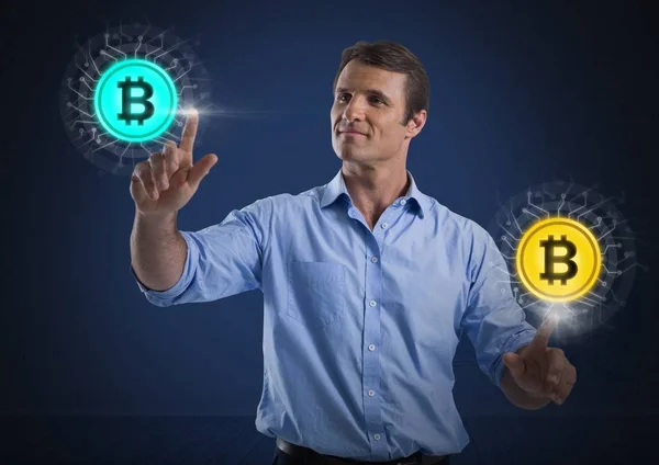 Podnikatel, dojemné bitcoin grafické ikony — Stock fotografie
