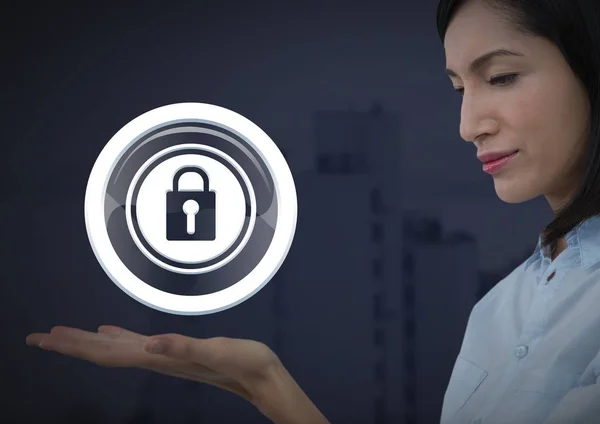 Businesswoman with hands palm open and security lock icon — Stock Photo, Image
