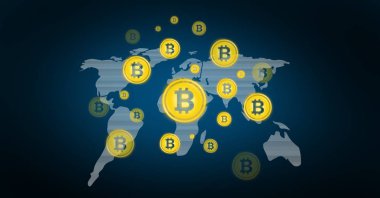 Dünya Haritası üzerinde bitcoin grafik simgeleri