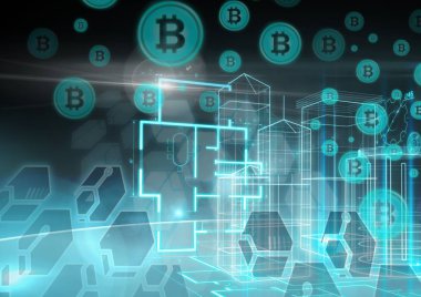 Bitcoin grafik simgeleri ile parlayan bina yapıları