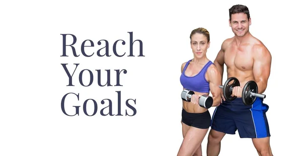 Alcance sus objetivos texto y fitness pareja levantamiento de pesas — Foto de Stock