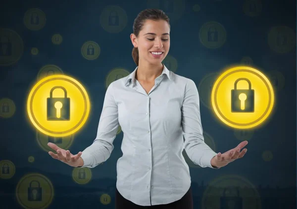 Businesswoman with hands palm open and security lock icons — Stock Photo, Image