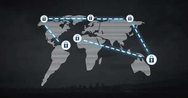 Ícones de bloqueio de segurança que se conectam no mapa — Fotografia de Stock