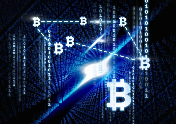 Bitcoin grafische pictogrammen aansluiten met binaire code — Stockfoto