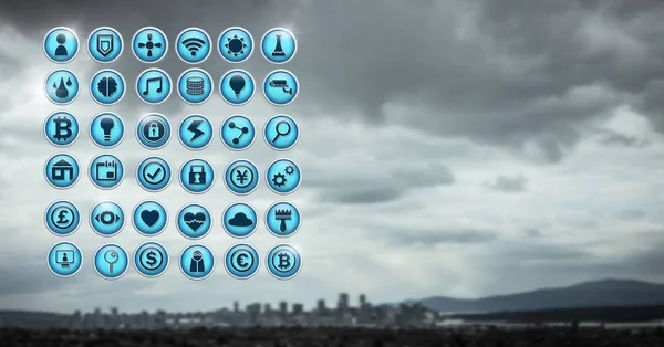 Various app icons over city — Stock Photo, Image