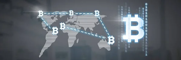 Dünya Haritası üzerinde bitcoin simgeleri — Stok fotoğraf