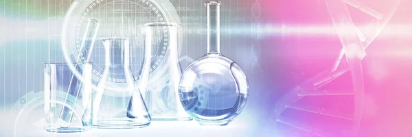 Hélice de ADN contra frasco de laboratório — Fotografia de Stock