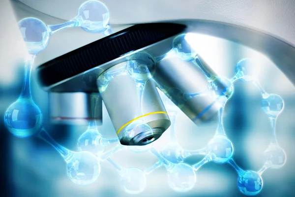 Estrutura de DNA contra no microscópio — Fotografia de Stock