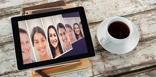 Tablet PC- en koffie tegen collage — Stockfoto