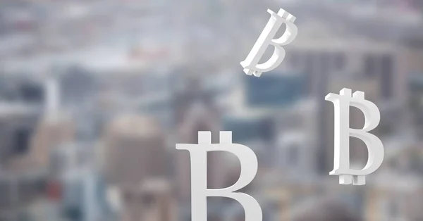 Iconos símbolo de bitcoin con fondo de la ciudad — Foto de Stock