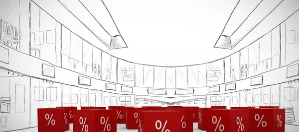 Sinal de porcentagem contra o esboço do shopping — Fotografia de Stock