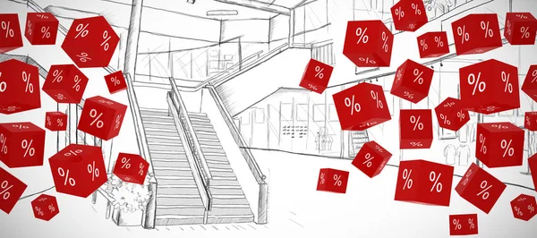 Знак відсотка проти ескізу торгового центру — стокове фото