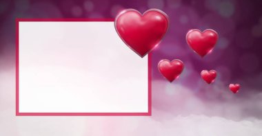 Parlak kabarcıklı Sevgililer mavi kalpler olan mor bokeh puslu arka plan dijital bileşik