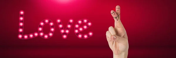 Cyfrowy Kompozytowy Palców Walentynki Miłość Para Miłość Tekst Świecącą Neon — Zdjęcie stockowe
