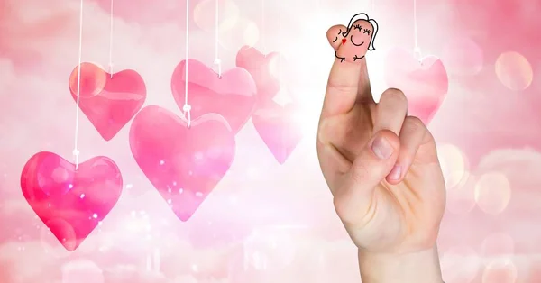 Цифровий Композитний Валентина Пара Любові Пальцями Висячі Серце — стокове фото