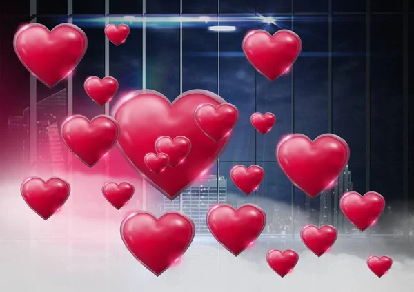 Digitales Komposit Aus Glänzenden Blubbernden Valentinsherzen Mit Nebligem Hintergrund Aus — Stockfoto