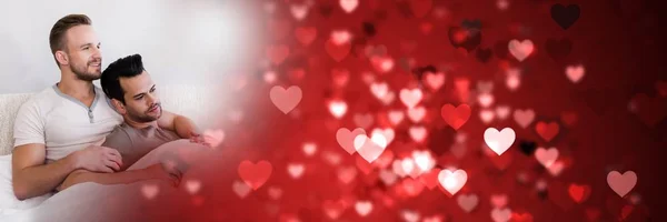 Digital Komposit Gay Par Sängen Med Hjärtans Kärlek Övergången Hjärtan — Stockfoto